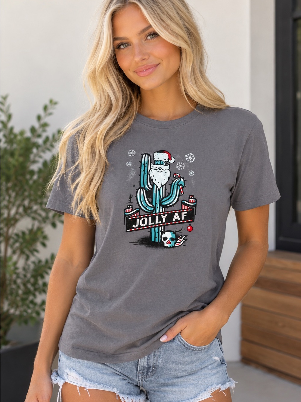 High Jinks Womens Christmas Holiday Funny Desert Cactus T-Shirt  Jolly AF Gray